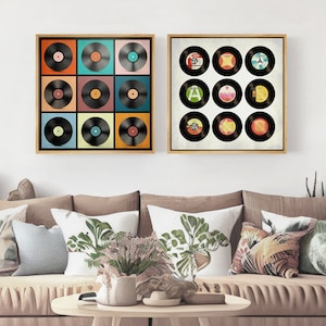 Framed Canvas Wall Art Set of 2 Music Record Player Prints Mid Century Modern Wall Art Minimalist Retro Decor