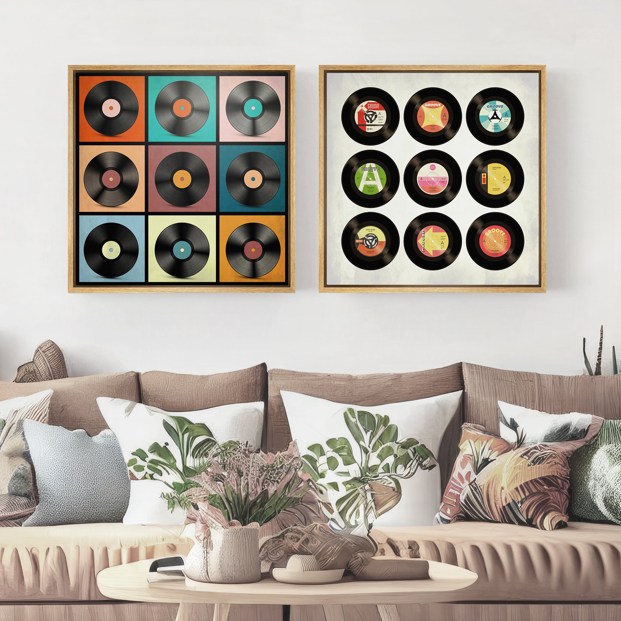Framed Canvas Wall Art Set of 2 Music Record Player Prints Mid