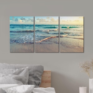 Framed Canvas Wall Art Set of 3 Sunrise on Atlantic Ocean Photography Prints Minimalist Modern Art Coastal Room Decor