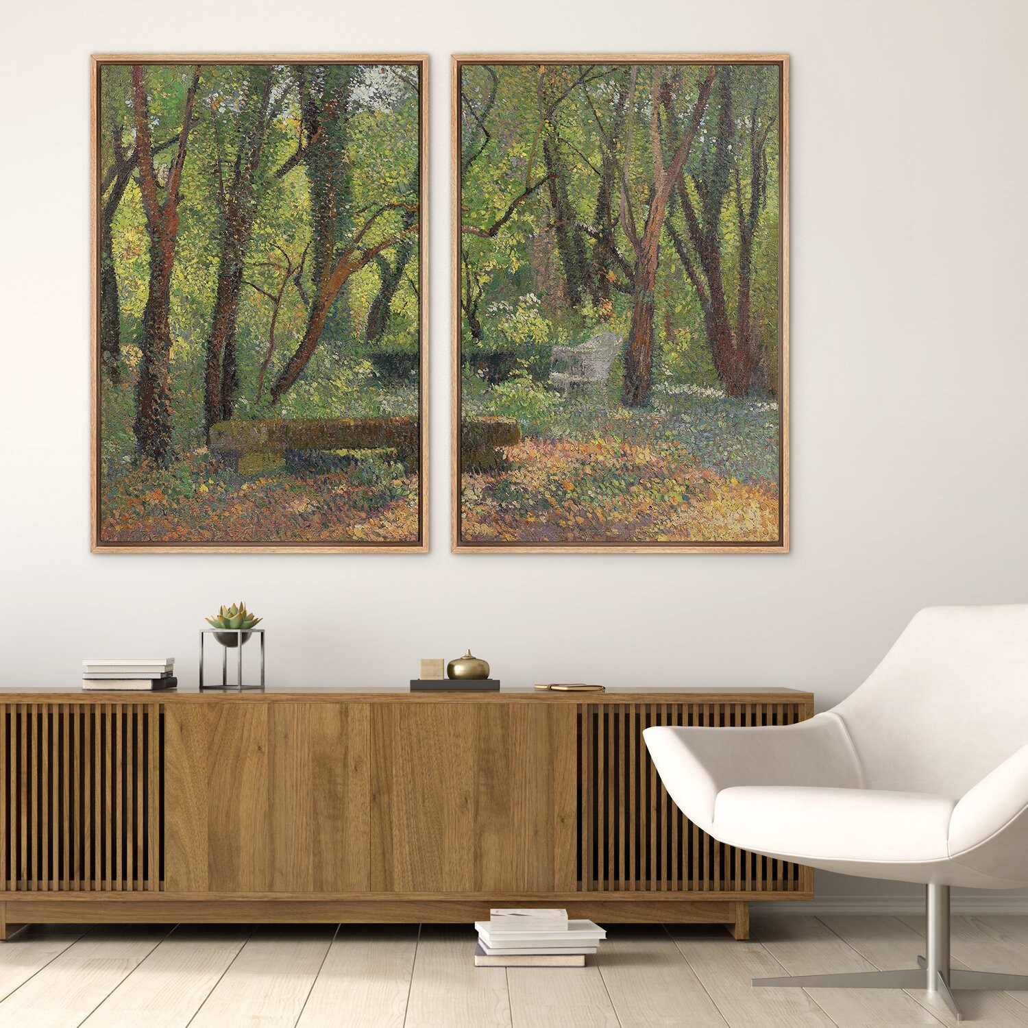 Framed Canvas Wall Art Set of 2 Green Rustic Forest Landscape Prints ...