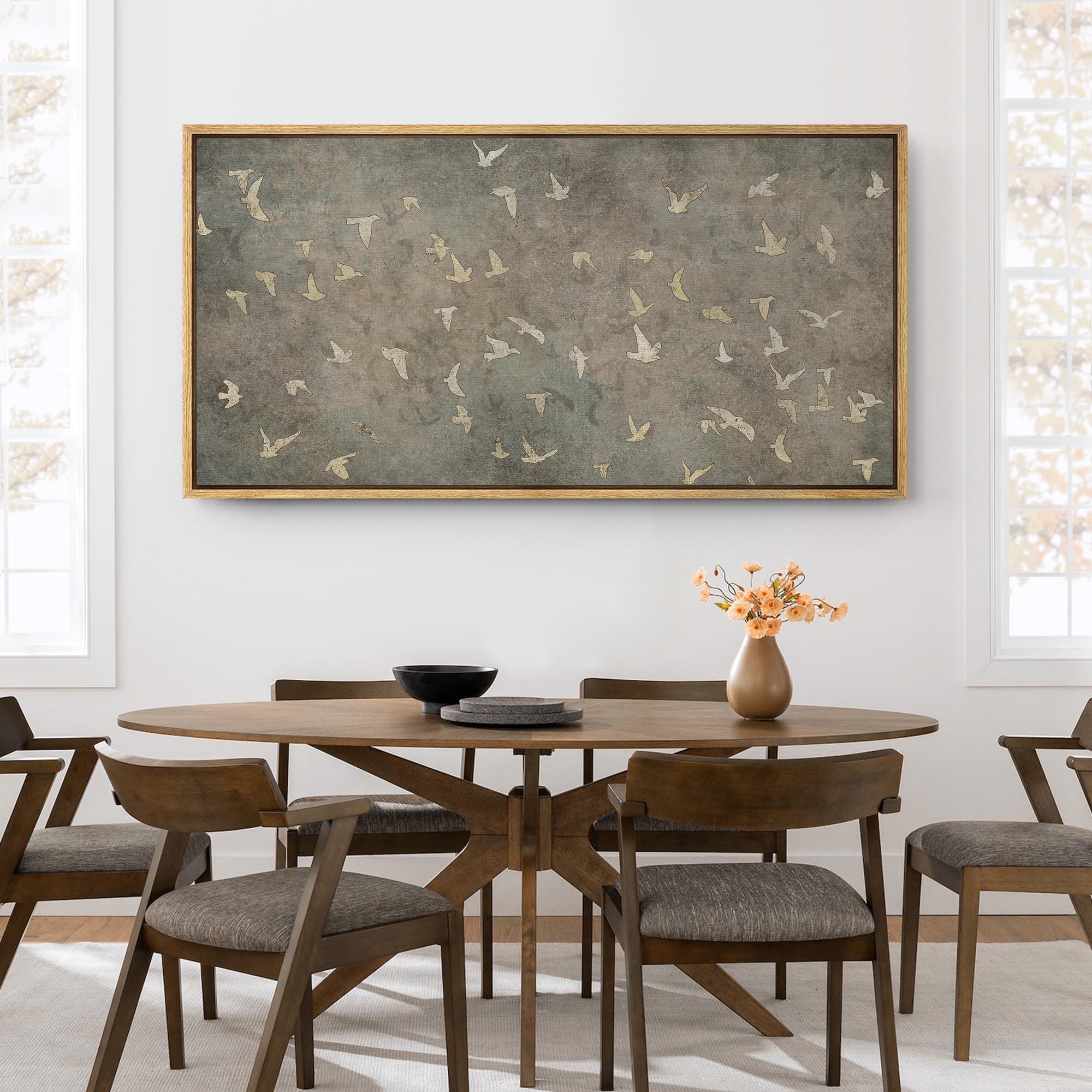 Large Framed Flying Birds Silhouette Canvas Wall Art, Minimalist Neutral Toned Abstract Nature Print, Vintage Living Room Decor