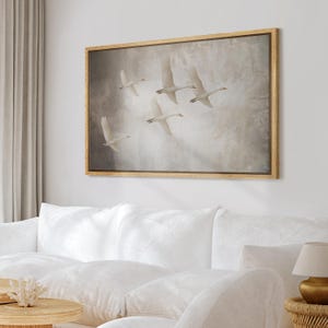 Minimalist Swan Wall Art - Framed Neutral Bird Canvas Print, Elegant Flying Swans in Soft Tones for Serene Living Room or Bedroom Decor