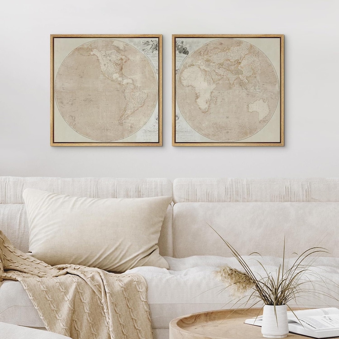Framed Canvas Wall Art Set of 2 Brown Vintage World Map Prints Travel ...