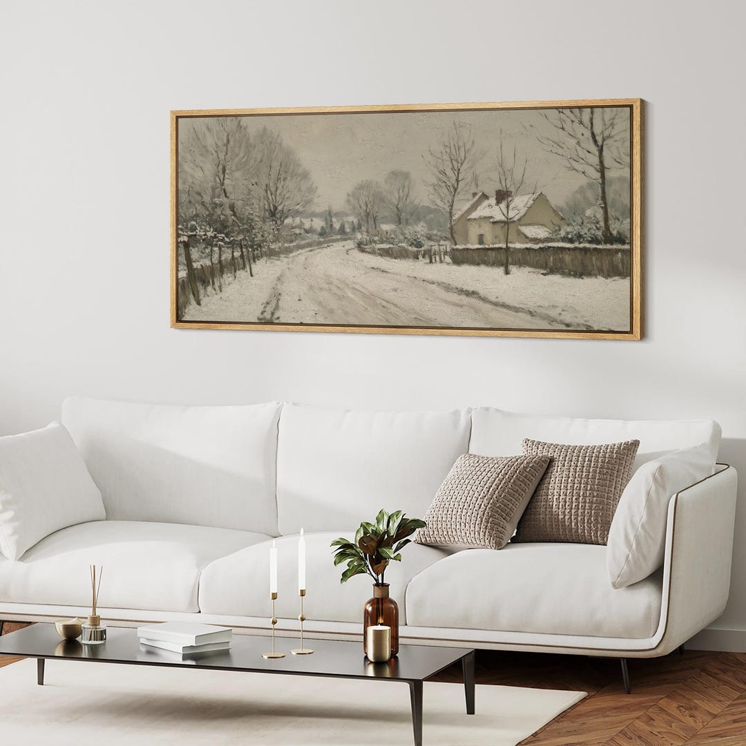Snowy Village Road Wall Art, Large Framed Winter Landscape Canvas Print ...