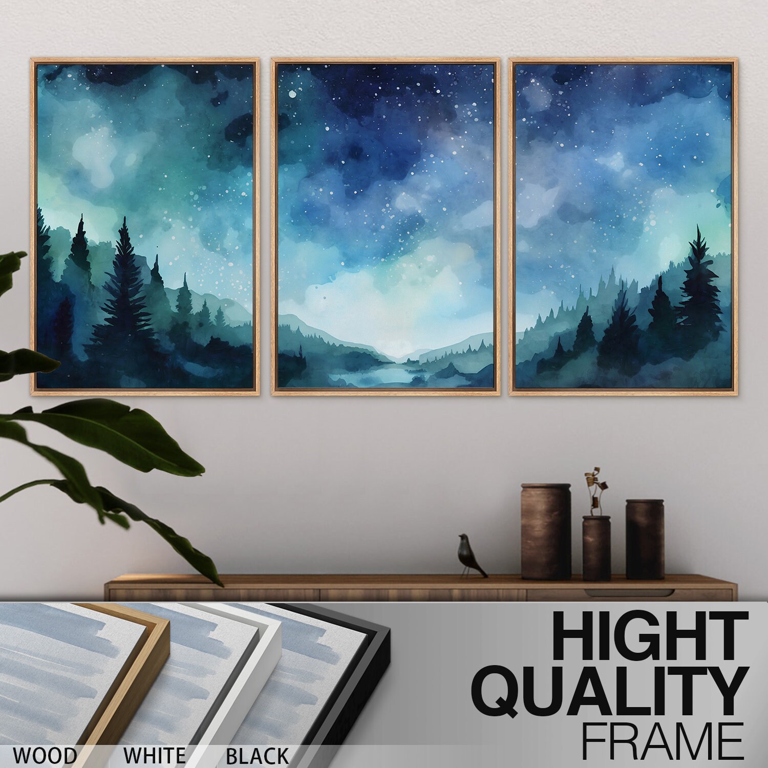 Framed Canvas Wall Art Set of 3 Watercolor Blue Starry Night Sky Forest ...