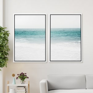 Framed Canvas Wall Art Set of 2 Blue Beach Ocean Photography Prints ...