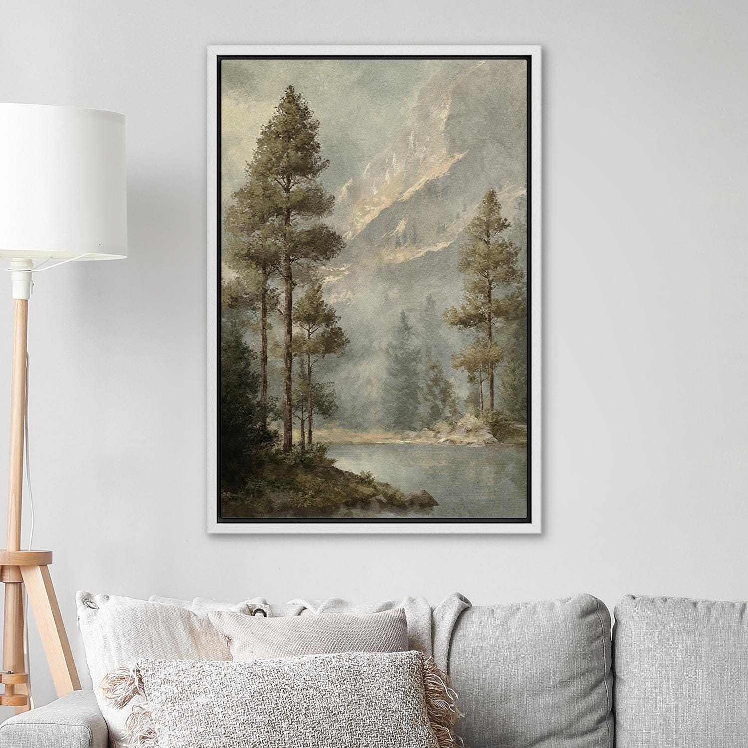 Mountain Lake Forest Wall Art - Framed Misty Landscape Canvas Print ...