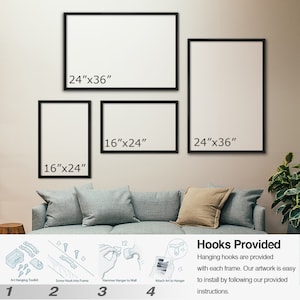 May include: Four black rectangular frames in various sizes, including 24"x36" and 16"x24", displayed on a wall. Below, a four-step instructional graphic illustrates the included art hanging toolkit, screw hooks, and hammer installation process.