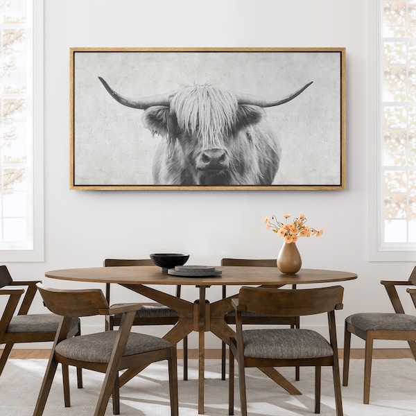 Framed Canvas Wall Art Black Gray Highland Cow Animal Print Large Wall Art Panoramic Minimalist Modern Farmhouse Art Bathroom Wall Art Decor