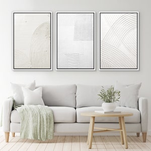 Framed Canvas Wall Art Set of 3 White Abstract Prints Neutral Textured ...