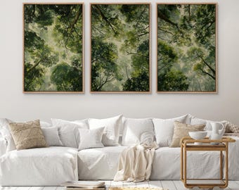 Forest Canopy Framed Wall Art Set of 3, Green Tree Woodland Canvas Print, Tranquil Nature Decor for Bedroom