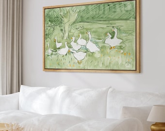 Whimsical Goose Art - Framed Watercolor & Ink Canvas Print, White Geese in Soft Green Meadow for Rustic Nursery or Playful Kids Room Decor