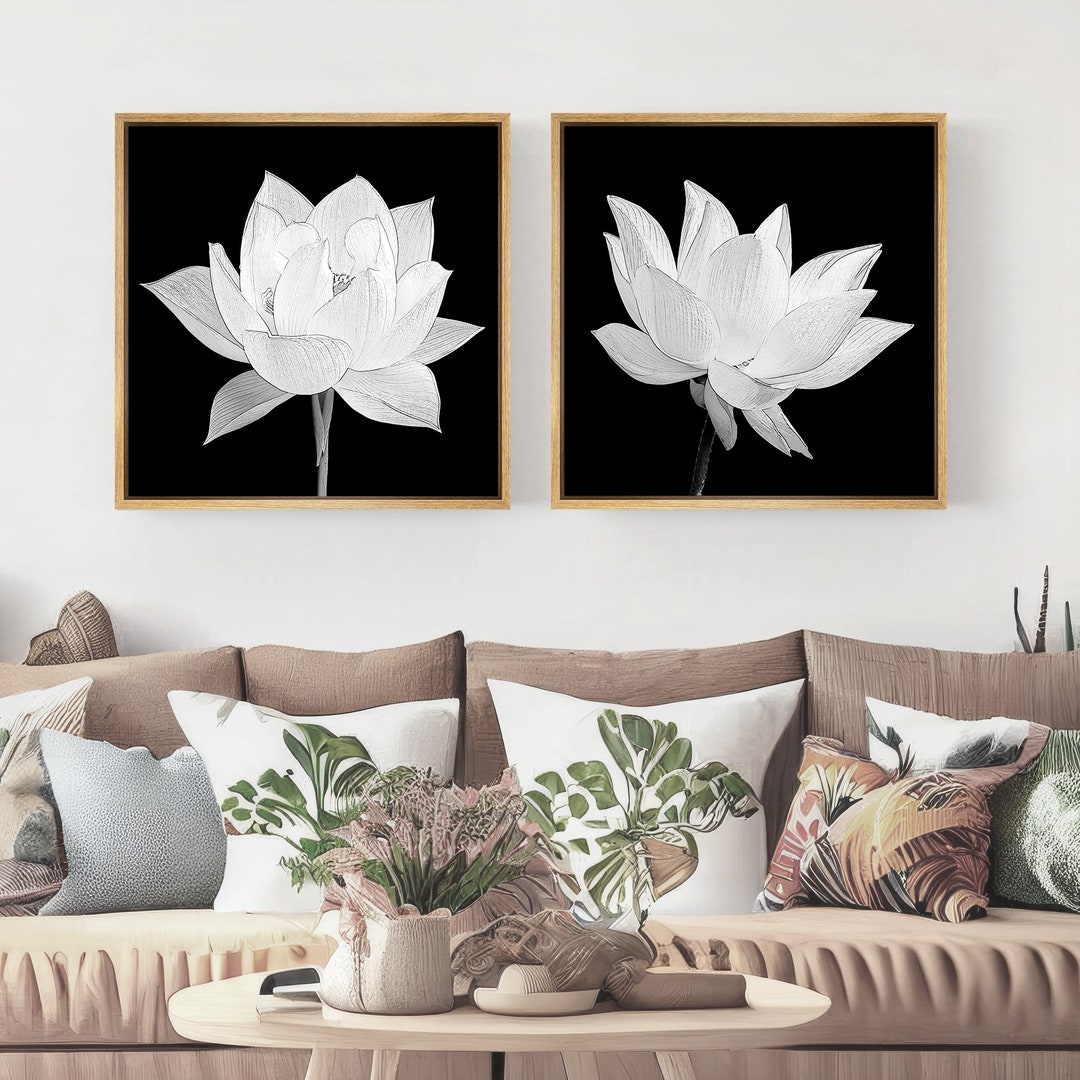Framed Canvas Wall Art Prints Set of 2 Black White Lotus Flower Art ...