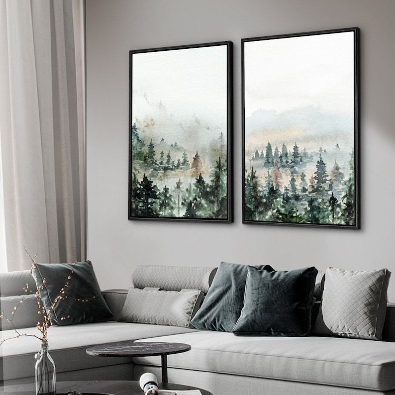Framed Canvas Wall Art Set of 2 Green Forest Mountain Landscape Prints ...