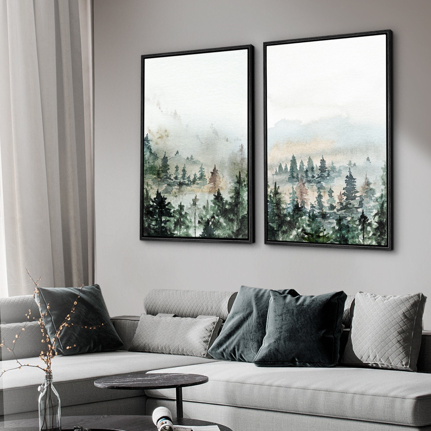 Framed Canvas Wall Art Set of 2 Green Forest Mountain