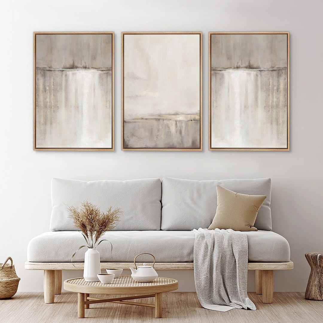 Framed Canvas Wall Art Prints Set of 3 Abstract Beige Gray Landscape ...