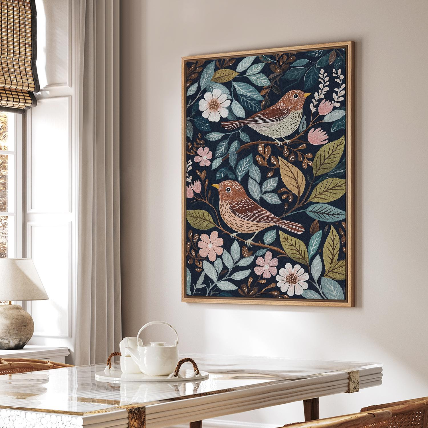 Framed Canvas Wall Art Pair of Birds With Floral and Leaf Motif