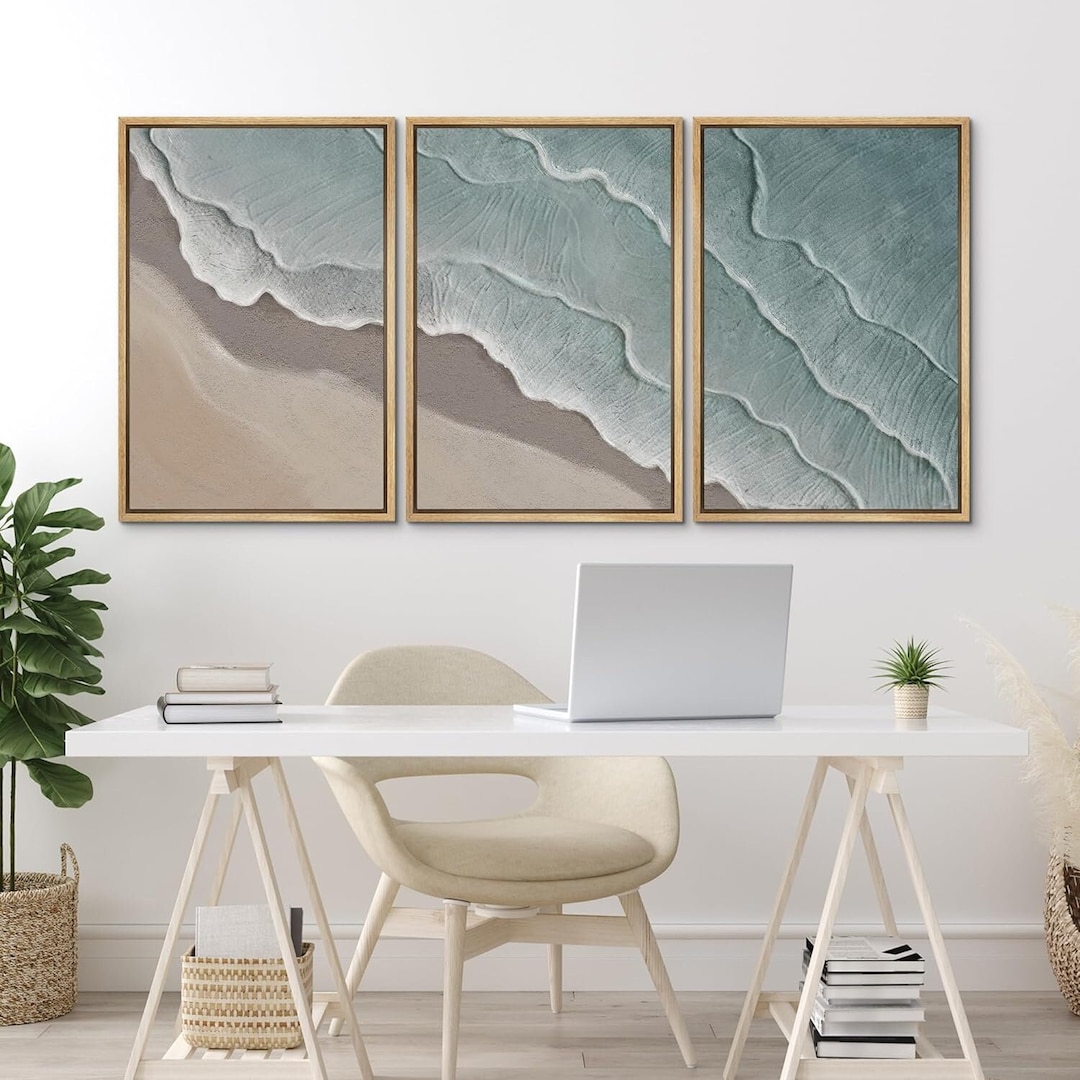 Framed Canvas Wall Art Set of 3 Coastal Beach Ocean Blue Prints Neutral ...
