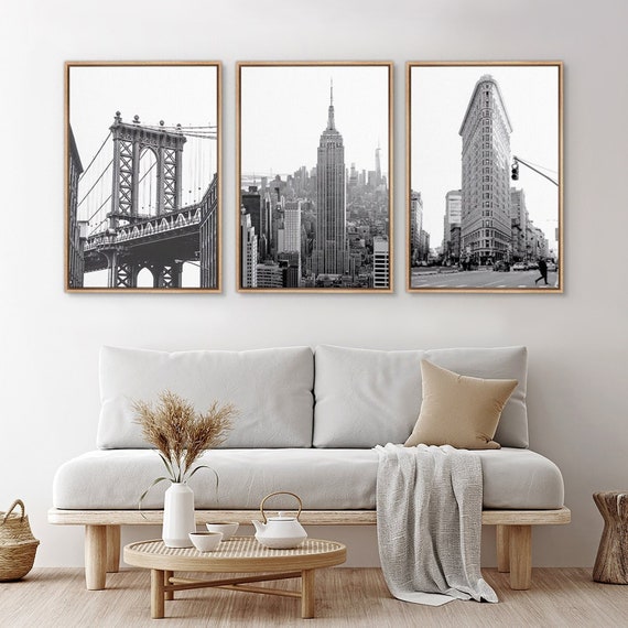 Framed Canvas Wall Art Set of 3 Black and White New York City