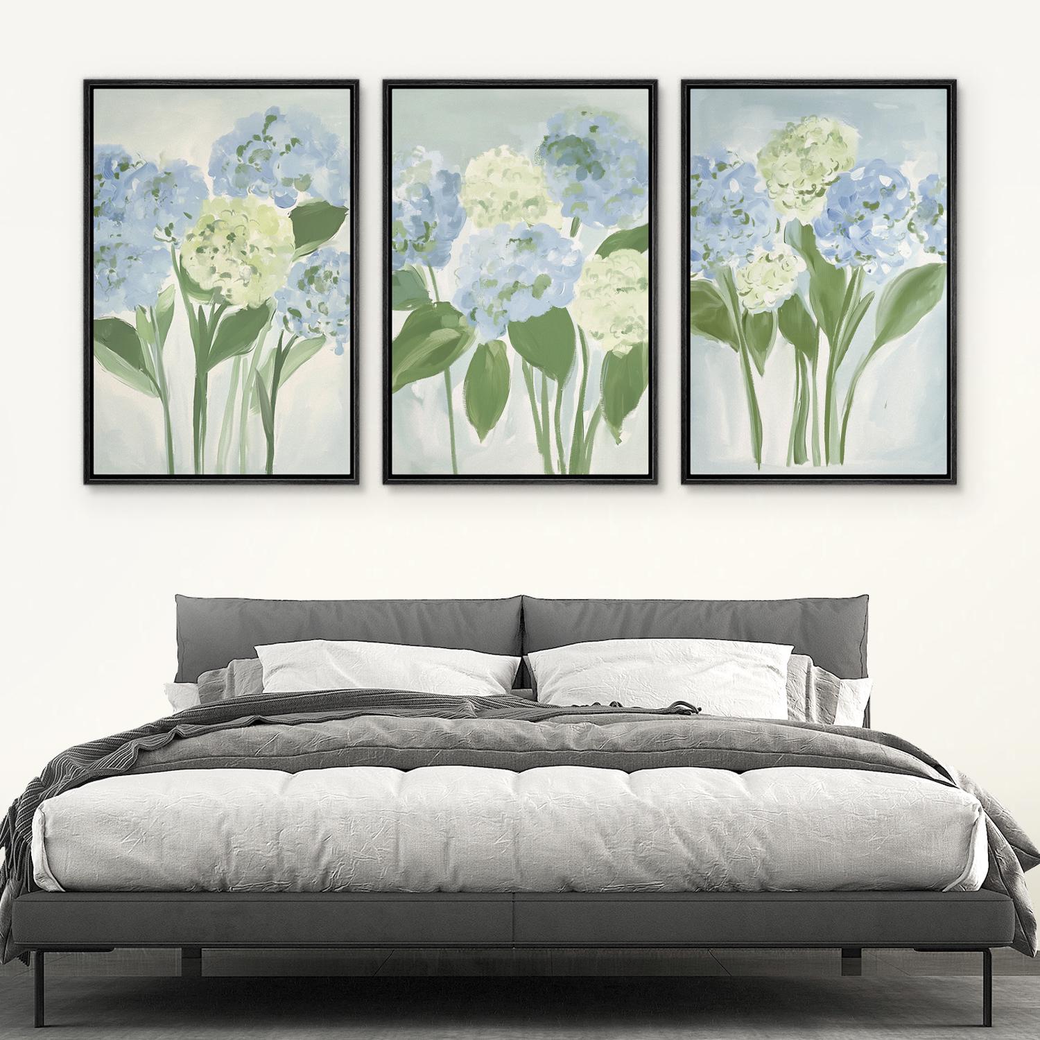 Hydrangea Floral Wall Art - Set of 3 Framed Botanical Canvas Prints ...