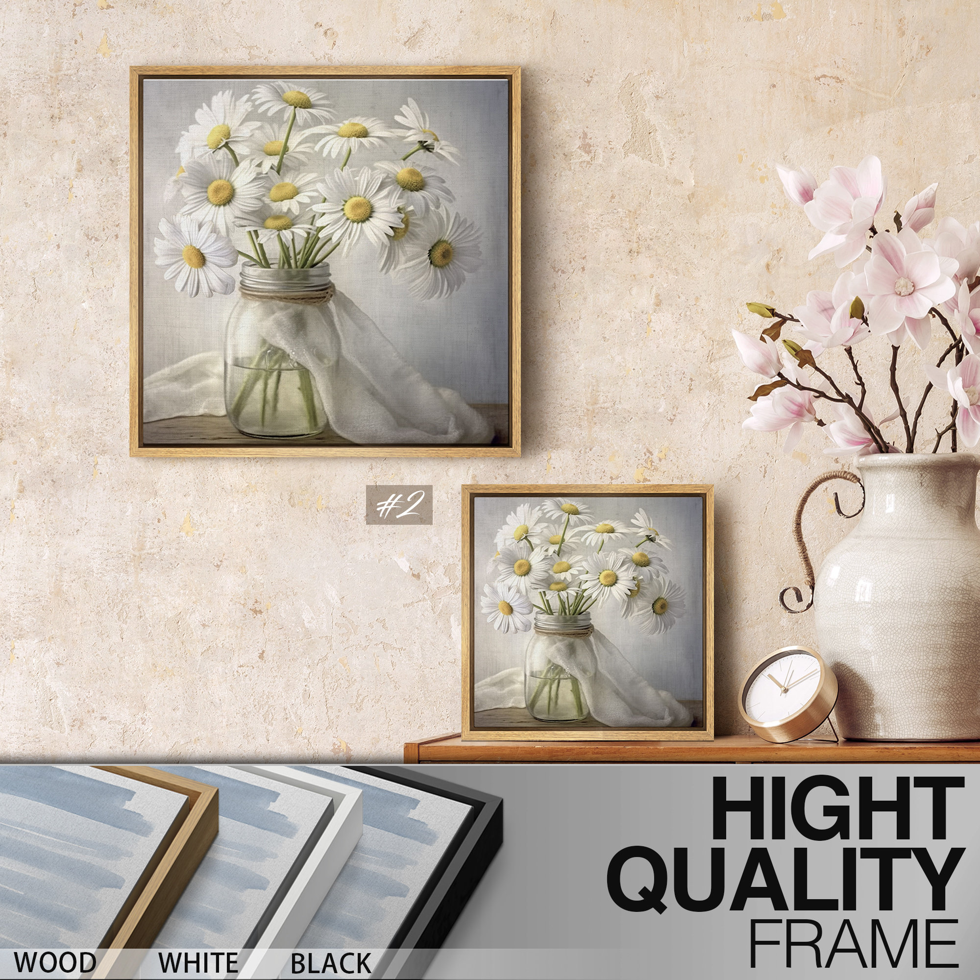 Framed Canvas Wall Art Set White Daisy Flowers Floral Botanical Prints ...