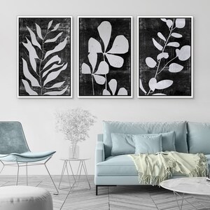 Framed Canvas Wall Art Set of 3 Black and White Abstract Leaf Botanical ...