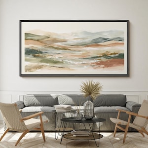 Abstract Mountain Wall Art - Large Framed Watercolor Landscape Canvas Print, Neutral Green & Terracotta Nature Decor for Living Room Black