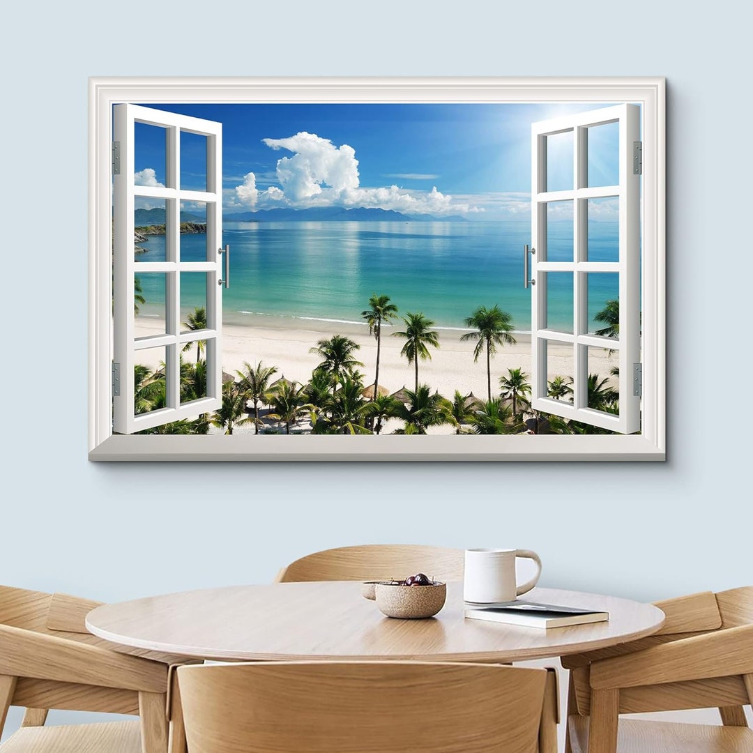 Framed Canvas Wall Art Window View Landscape Tropical Paradise Nature
