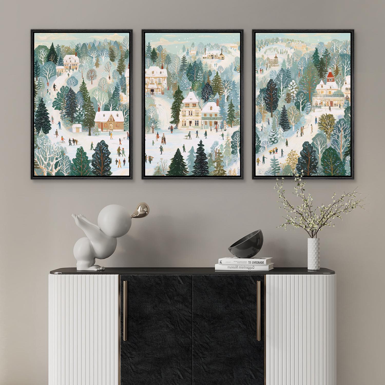 Framed Winter Village Wall Art Set of 3, Snowy Christmas Town Canvas ...