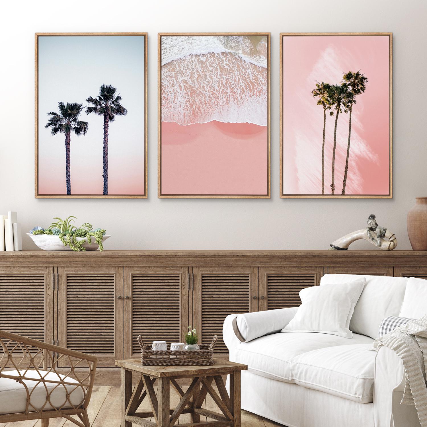 Pink Beach Wall Art Set of 3 Framed Coastal Canvas Prints Palm
