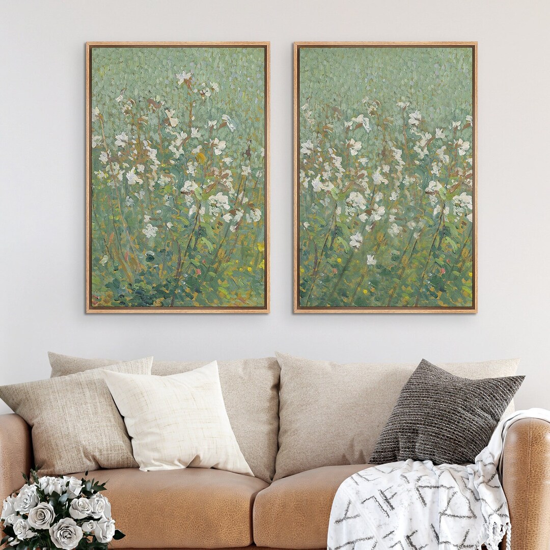 Framed Canvas Wall Art Set of 2 Green Abstract Wildflower Floral Prints ...