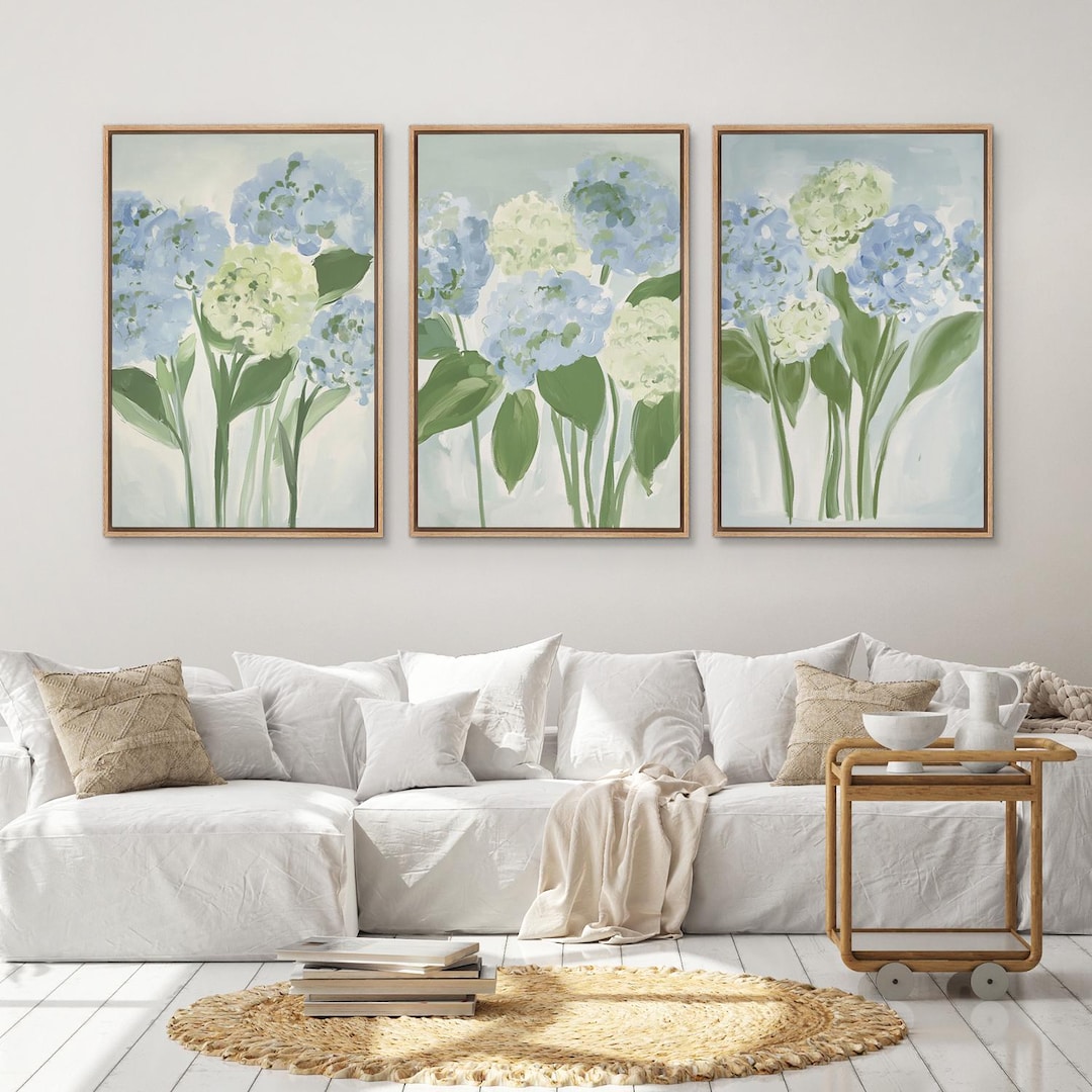 Hydrangea Floral Wall Art - Set of 3 Framed Botanical Canvas Prints ...
