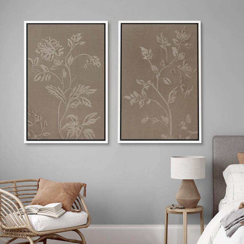 Vintage Botanical Wall Art Set of 2 - Framed Neutral Floral Canvas ...