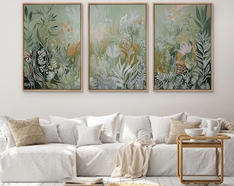 Lush Green Botanical Wall Art - Set of 3 Framed Wildflower Canvas Prints, Abstract Jungle Flora, Modern Calming Nature Decor for Bedroom