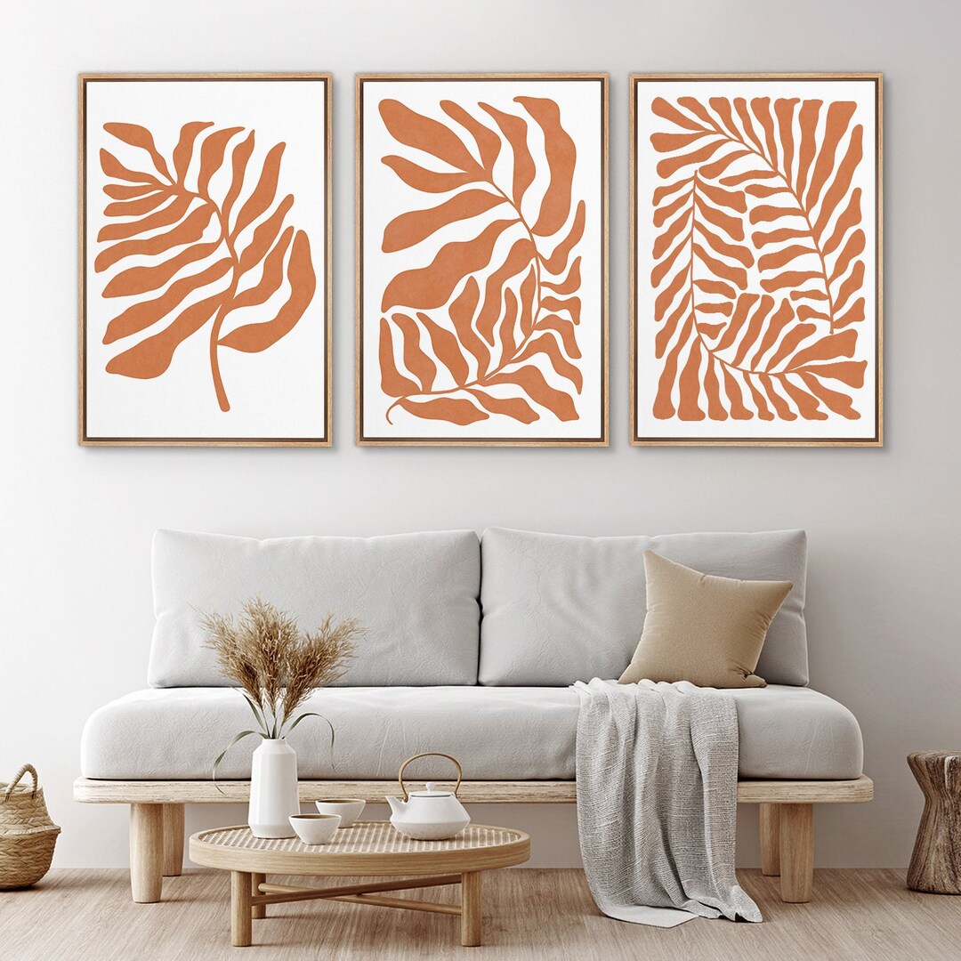 Framed Canvas Wall Art Set Orange Abstract Leaves Botanical Prints