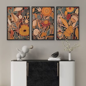 Ensemble d'art mural sur toile encadré, bouquet de fleurs, impressions botaniques florales, art moderne du milieu du siècle, décoration murale bohème bundle of 3 - Black