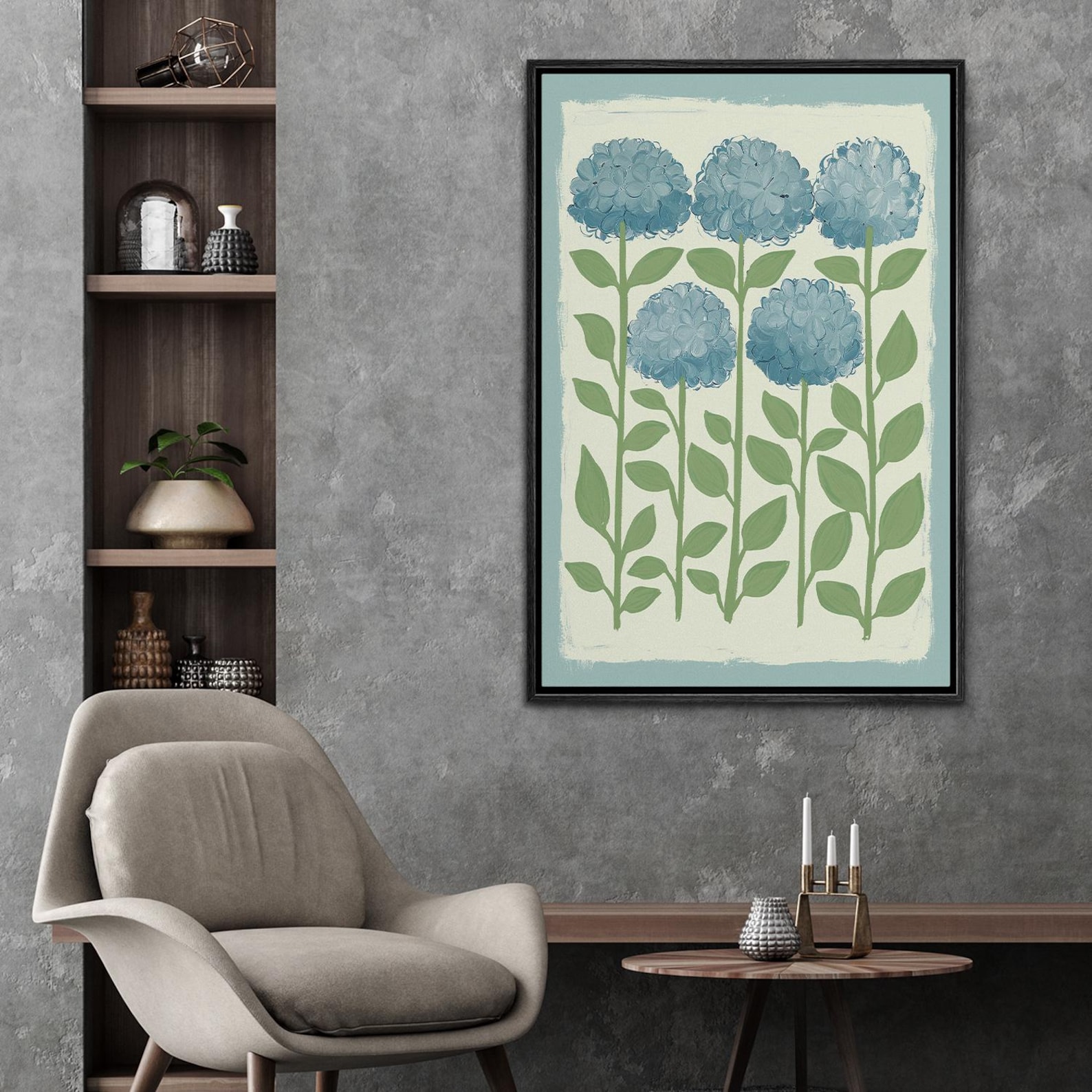 Blue Hydrangea Wall Art - Framed Minimalist Floral Canvas Print ...