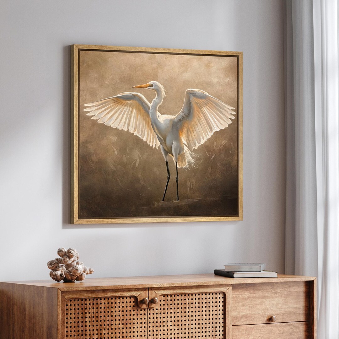 Framed White Egret Wall Art, Elegant Bird Portrait Canvas Print, Warm ...