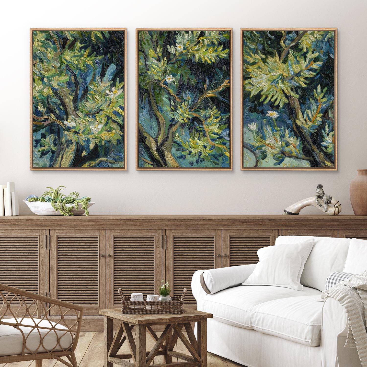 Framed Abstract Tree Leaves Wall Art Set of 3, Green Botanical Canvas ...