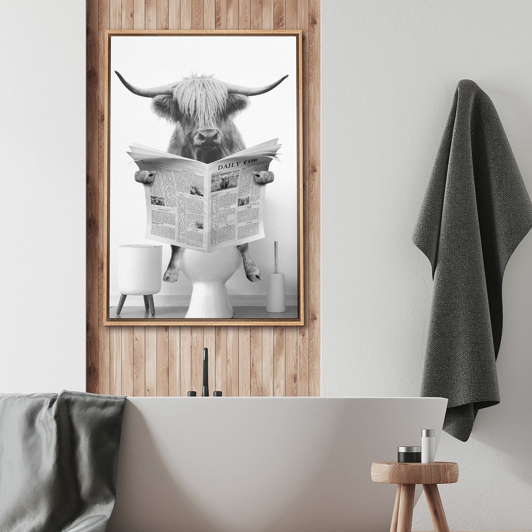 Framed Funny Highland Cow Bathroom Wall Art, Black & White Animal ...