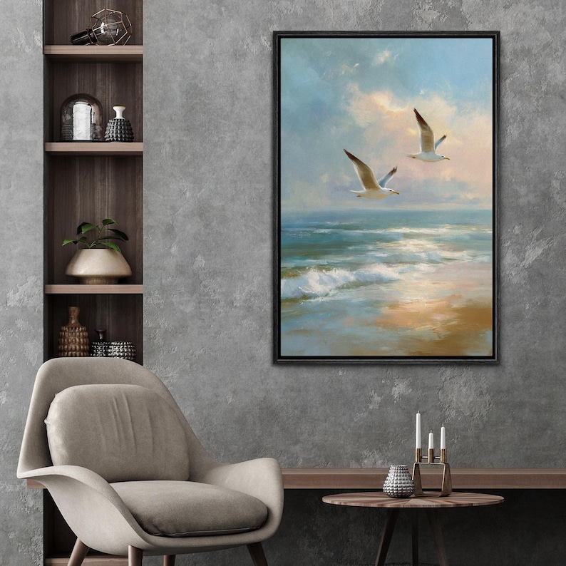 Seagull Ocean Wall Art - Framed Minimalist Bird Canvas Print, Coastal ...