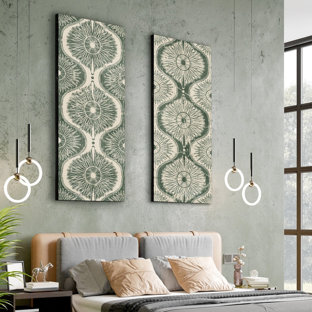 Framed Canvas Wall Art Set of 2 Retro Sage Green Abstract Floral ...