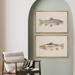 Rainbow Trout Wall Art - Set of 2 Framed Watercolor Canvas Prints, Vintage Fishing Decor for Lake Cabin, Angler Gift for Nature Lovers