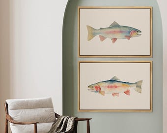 Rainbow Trout Wall Art - Set of 2 Framed Watercolor Canvas Prints, Vintage Fishing Decor for Lake Cabin, Angler Gift for Nature Lovers