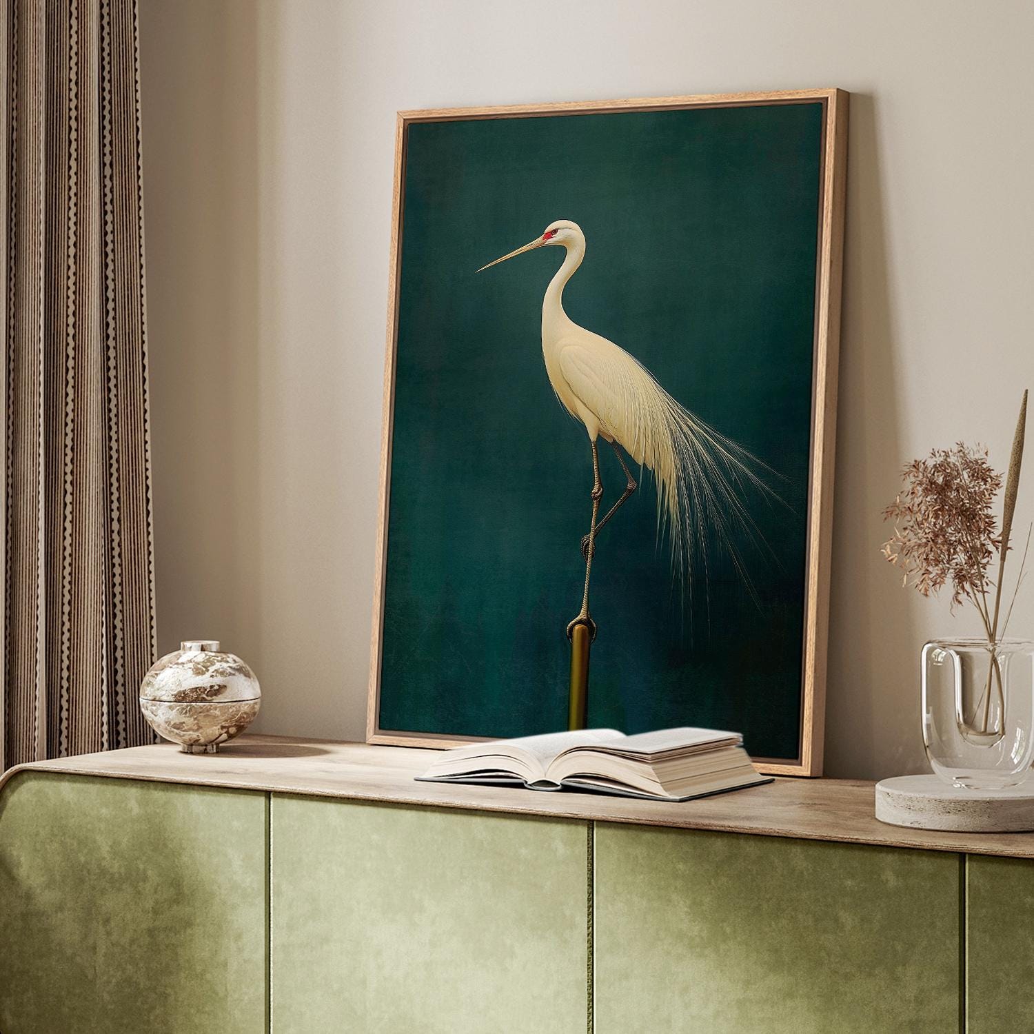 Japandi Crane Wall Art - Framed Vintage Canvas Print, Minimalist