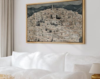 Vintage European Hilltop Village Framed Wall Art, Muted Old Town Landscape Canvas Print, Farmhouse Living Room Decor