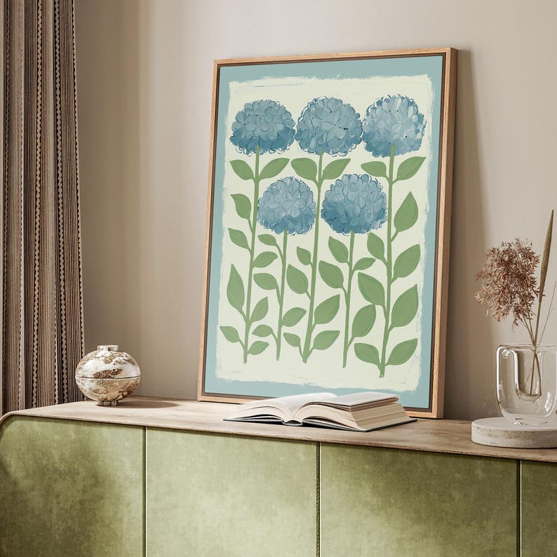 Blue Hydrangea Wall Art - Framed Minimalist Floral Canvas Print ...