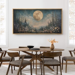 Framed Canvas Large Wall Art Print Full Moon Pine Tree Forest Mountain Art Printed Vintage Rustic Nature Wall Art Farmhouse Wall Decor