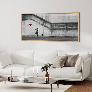 Framed Canvas Wall Art Banksy Girl With The Red Balloon Print Mid Century Modern Large Wall Art Panoramic Living Room Decor