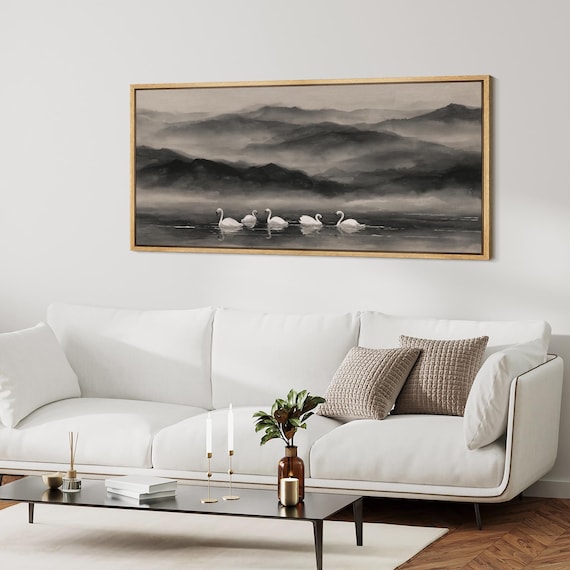 【SHUNER】Framed canvas Large Framed Swan Lake Mountain Wall Art, Black & Beige Landscape